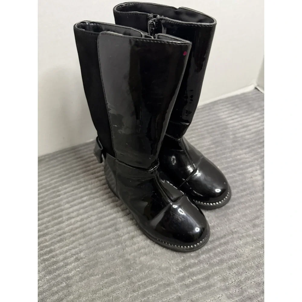 Place Girls Black Leather Round Toe Zipper Mid Calf Chelsea Boots Size 8